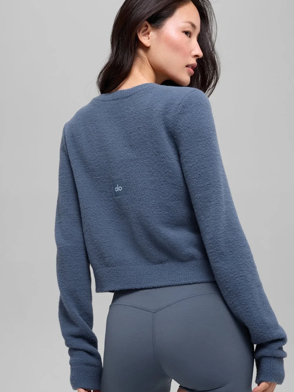 ALO Yoga Dusty Blue Button-Front Crewneck Cardigan
